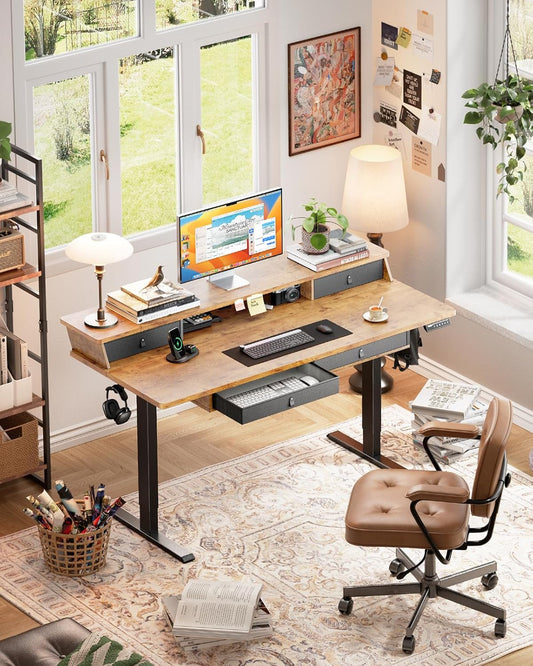 Electric Standing Desk with 4 Drawers, Height Adjustable Desk with Storage, C-Clamp Mount Compatible, Computer Home Office Table with Cable Management Tray