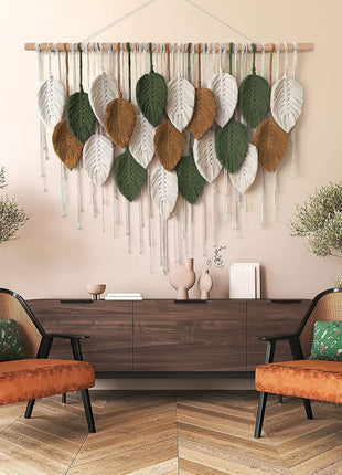 Large Macrame Wall Hanging - Handcrafted Bohemian Tapestry for Elegant Home Decor, Featuring Leaf and Feather Design for Living Room, Bedroom, Nursery, and Apartment - 39"W x 29.5"L