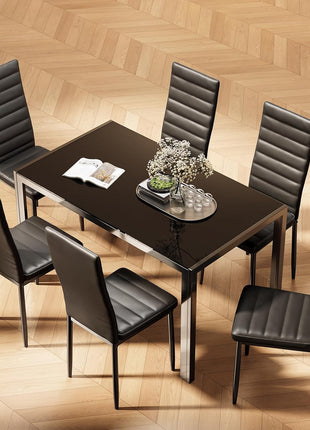 7-Piece Contemporary Dining Table Set for Six with Tempered Glass Top in Black - Perfect for Home, Kitchen, Living Room, and Dining Room