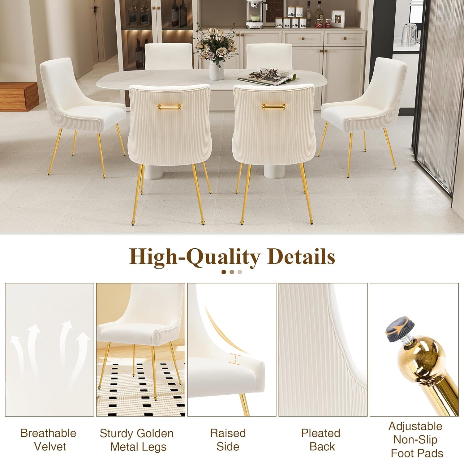Velvet Dining Chairs Set of 2 with Gold Metal Legs, Modern Upholstered Kitchen Chair with Pull Handle & Pleated Back, Mid Century Accent Chair for Vanity,Dining,Kitchen,Living Room, Beige