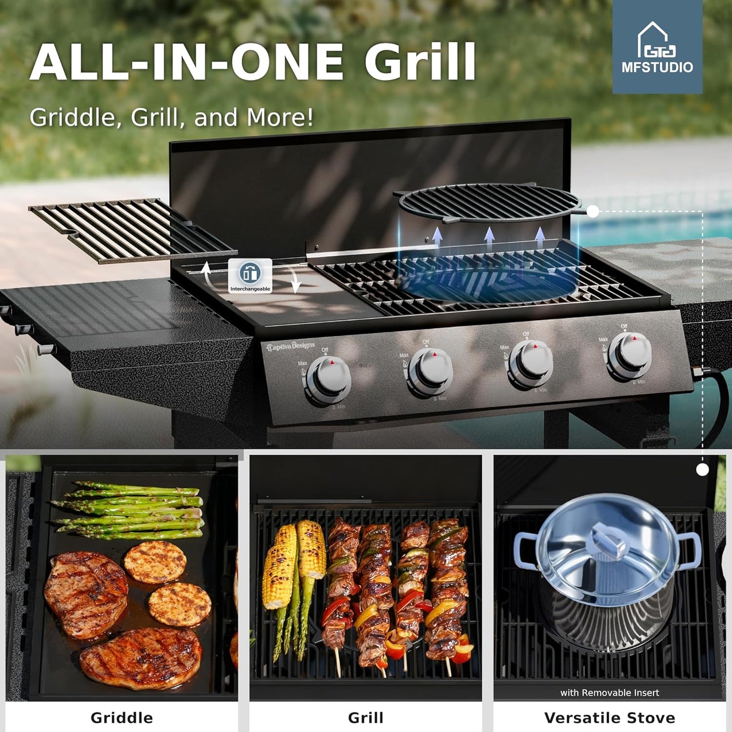 3-In-1 Stove and Griddle Combo Gas Grill 4-Burner Propane Grills 52,000 BTU High Output for Outdoor Patio Barbecue and Meals