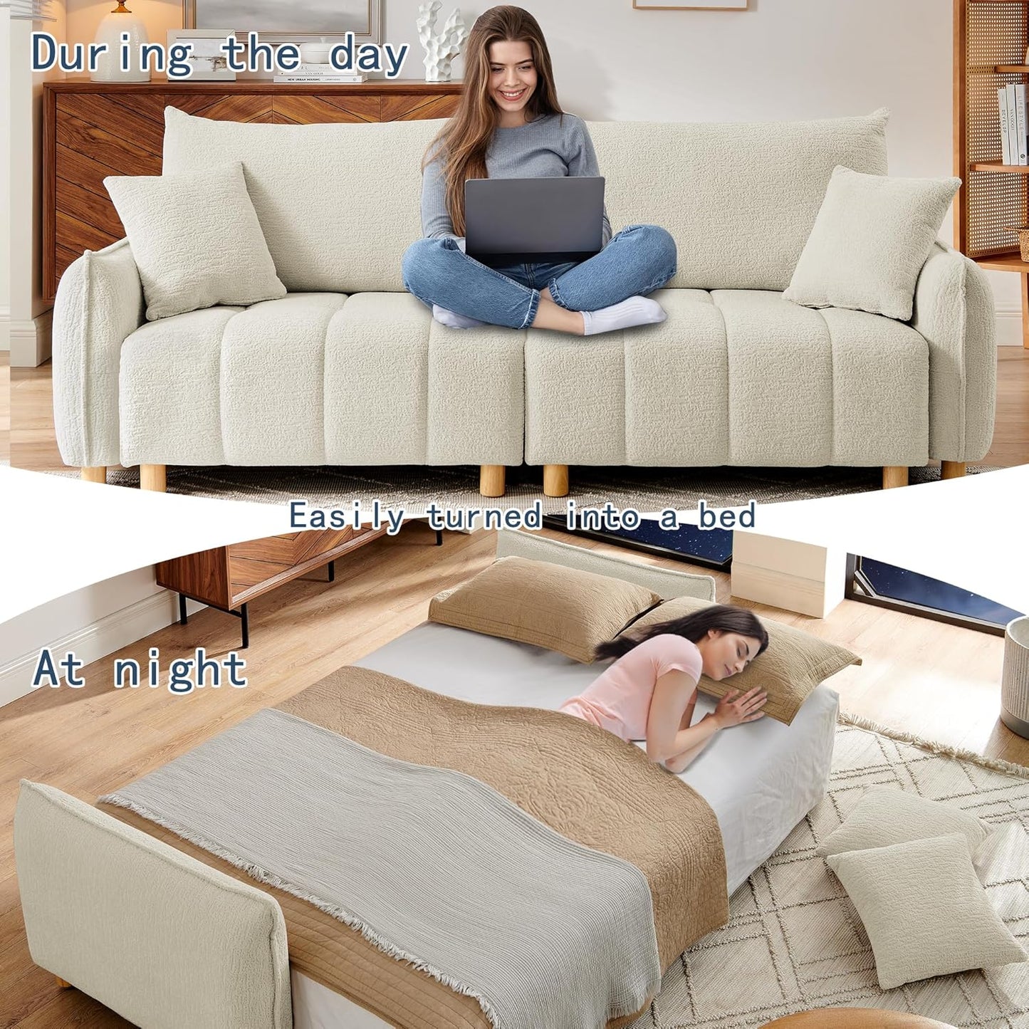 Sleeper Sof Bed Convertible Couch with Storge in Chenille Fbric Loveset for Living Room prtment nd Smll Spces(Crem)