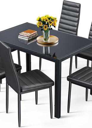 7-Piece Contemporary Dining Table Set for Six with Tempered Glass Top in Black - Perfect for Home, Kitchen, Living Room, and Dining Room