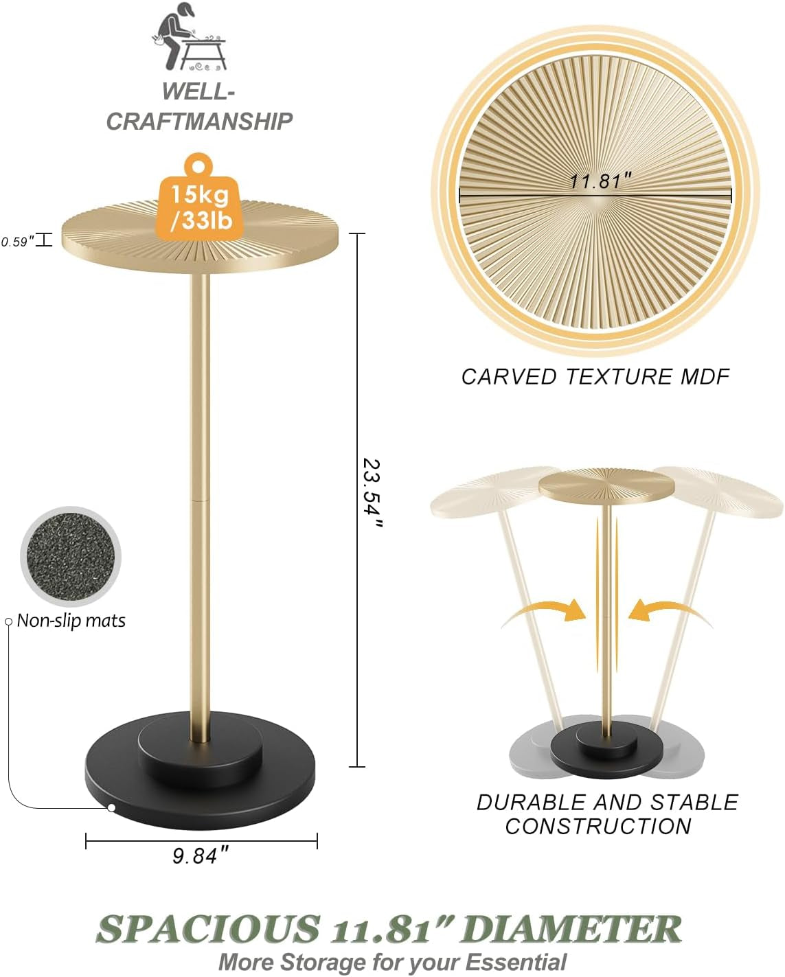 Round Side Table, Small Drink Table for Small Spaces, Modern Accent End Table with Metal Leg for Living Room, Bedroom, Corners, and Office (Gold)