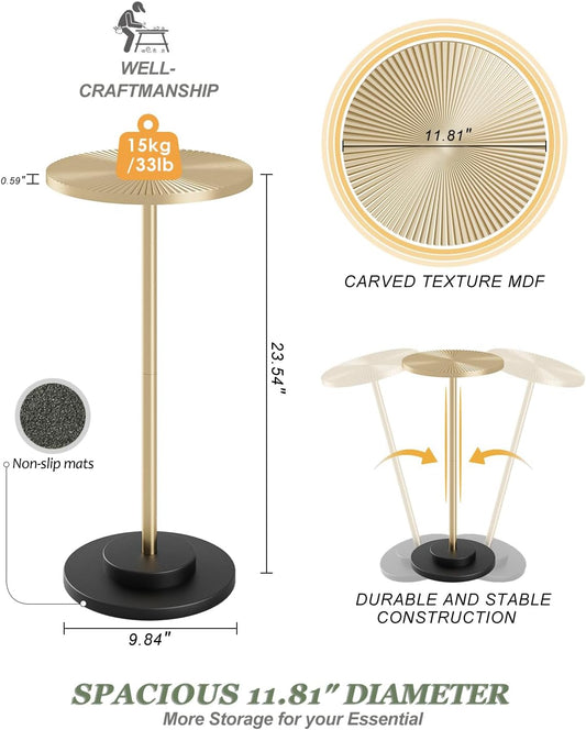 Round Side Table, Small Drink Table for Small Spaces, Modern Accent End Table with Metal Leg for Living Room, Bedroom, Corners, and Office (Gold)