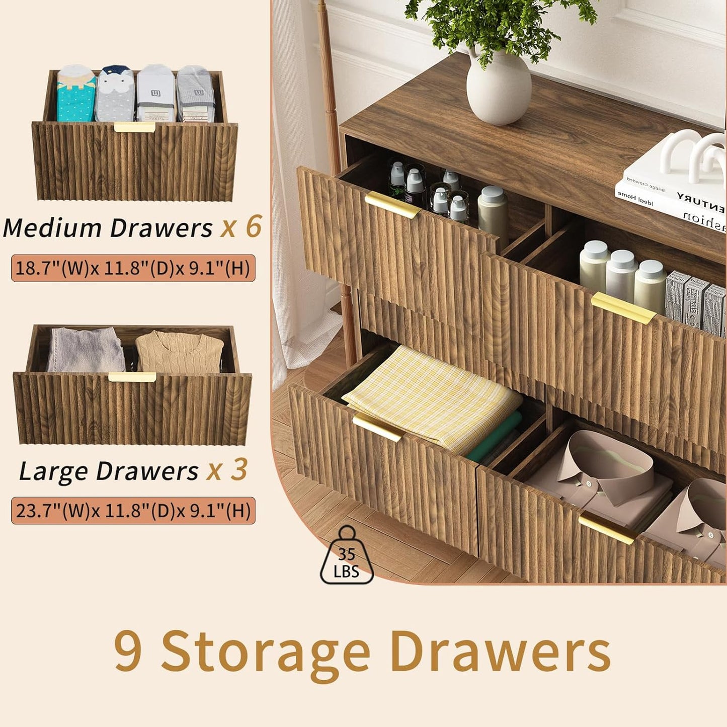 9 Drawer Dresser and Nightstand Sets for Bedroom, 3 Pcs Bedroom Set，Night Stand Set of 2 & 9 Drawer Dresser with Gold Handles, Modern Wood Chest of Drawers Storage Cabinet Set, Natural