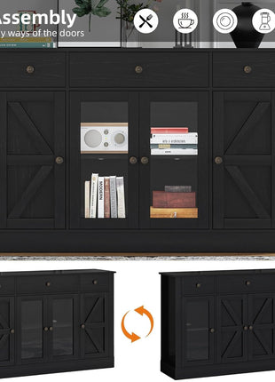 55-Inch Farmhouse Coffee Bar Cabinet with Glass Doors, Four Doors, Three Drawers, and Adjustable Shelves for Kitchen and Dining Room, Black Finish