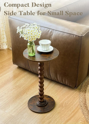 Compact Modern Round Side Table with Solid Wood Legs for Living Room, Bedroom, and Office in Rustic Brown