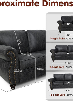 Mid-Century Vintage Living Room Furniture Set, Including Sofa, Loveseat, and 3-Seater Couch with Rivet Design in Grey