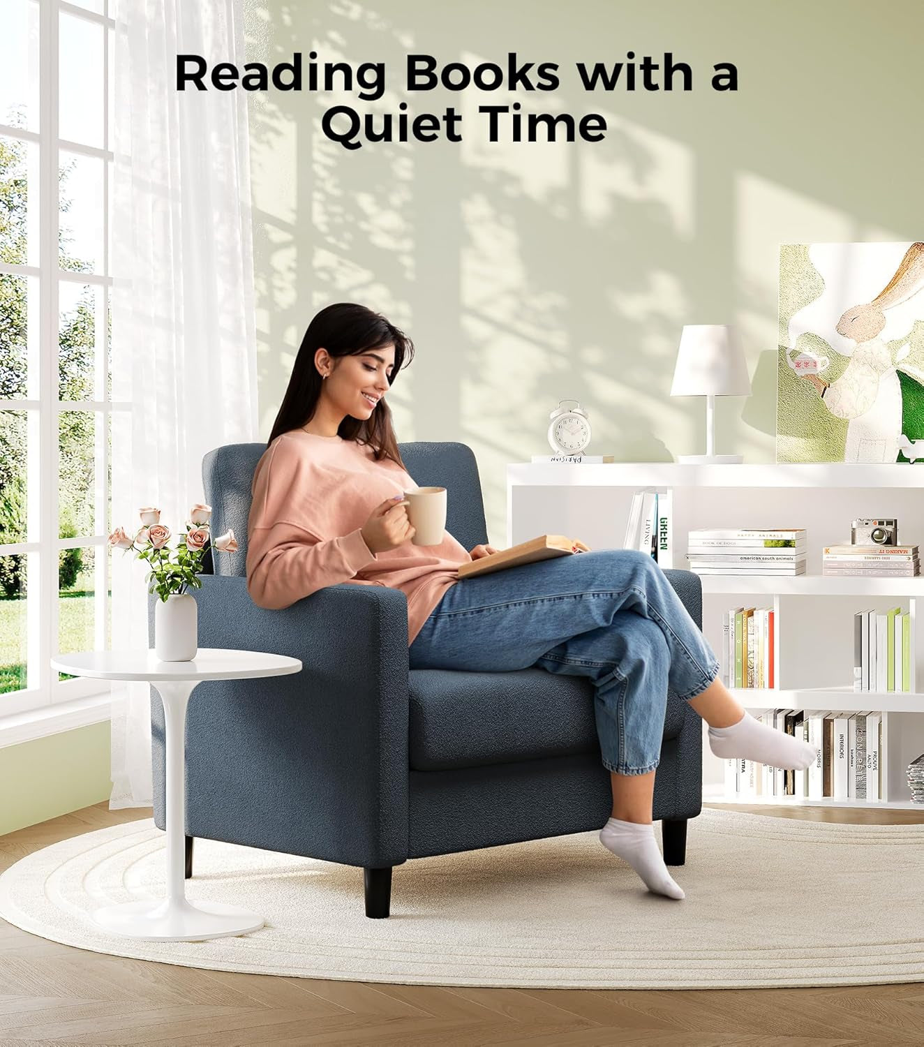 Sofa Accent Chair, 33" Reading Chair for Bedroom, Tool-Free Setup Living Room Accent Chairs, Comfy Arm Chairs Living Room, All-Wood Reading Nook, Blue Grey