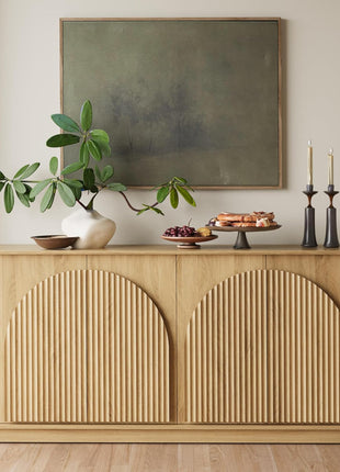 65-Inch Contemporary Fluted Sideboard Buffet Cabinet with Double-Layered Arch Doors, Oak Wood Accent Console for Living Room, Dining Room, Hallway, and Entryway