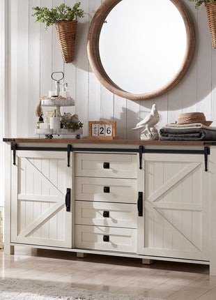 Farmhouse Style Sideboard Buffet Cabinet with Ample Storage - 60" Kitchen Cabinet with Sliding Barn Doors and 4 Drawers, 31.2" Tall Antique White Wood Coffee Bar Table for Dining Room