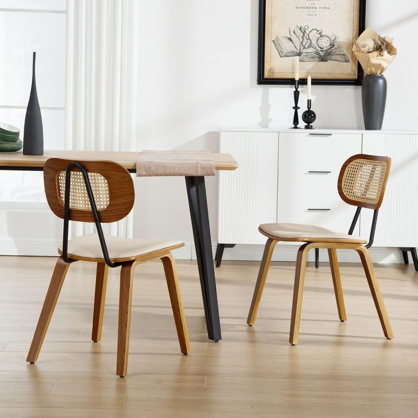 Modern Dining Chairs Set of 2, Upholstered Faux Leather Dining Room Chairs with Rattan Backrests and Wood Legs, Armless Kitchen Chairs for Dining Room, Beige