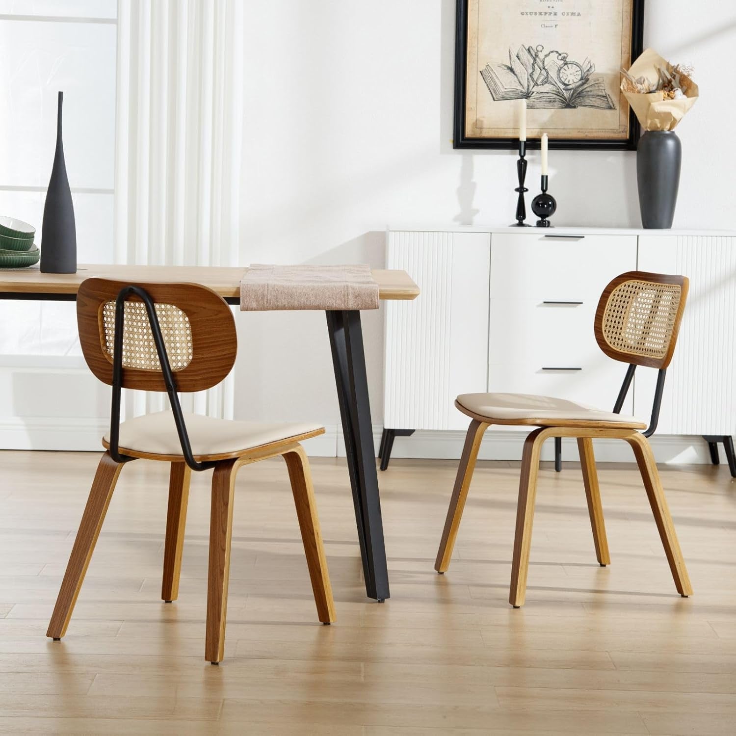 Modern Dining Chairs Set of 2, Upholstered Faux Leather Dining Room Chairs with Rattan Backrests and Wood Legs, Armless Kitchen Chairs for Dining Room, Beige