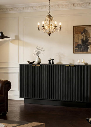 63-Inch Modern Fluted Sideboard Buffet Cabinet with Adjustable Shelves, Console Table Wine Bar Accent Credenza Featuring 4 Doors for Dining Room, Living Room, and Hallway (Black)