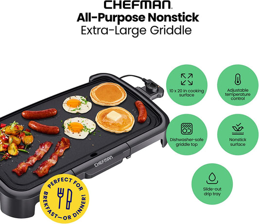 XL Electric Griddle with Removable Temperature Control, Immersible Flat Top Grill, Burger, Eggs, Pancake Griddle, Nonstick Extra Large Cooking Surface, Slide Out Drip Tray, 10 X 20 Inch