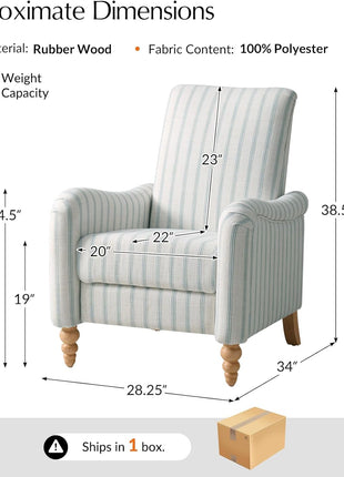 Farmhouse Recliner Armchair with Solid Wood Spindle Legs, Adjustable Backrest and Footrest, Comfortable High Back Single Sofa for Living Room, Blue Striped Design