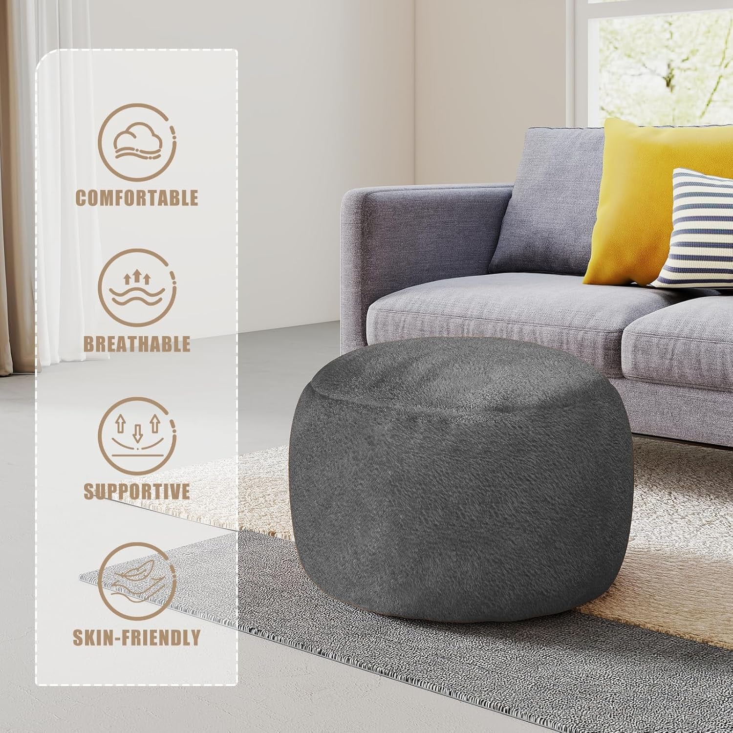 Round Stuffed Pouf Ottoman for Foot Rest, a round Modern Foam Filled Poufs, Floor Chair for Living Room, Nursery, Dorm, a Soft Modern Foot Stool Perfect to Rest Your Feet (Grey, 20Inch)