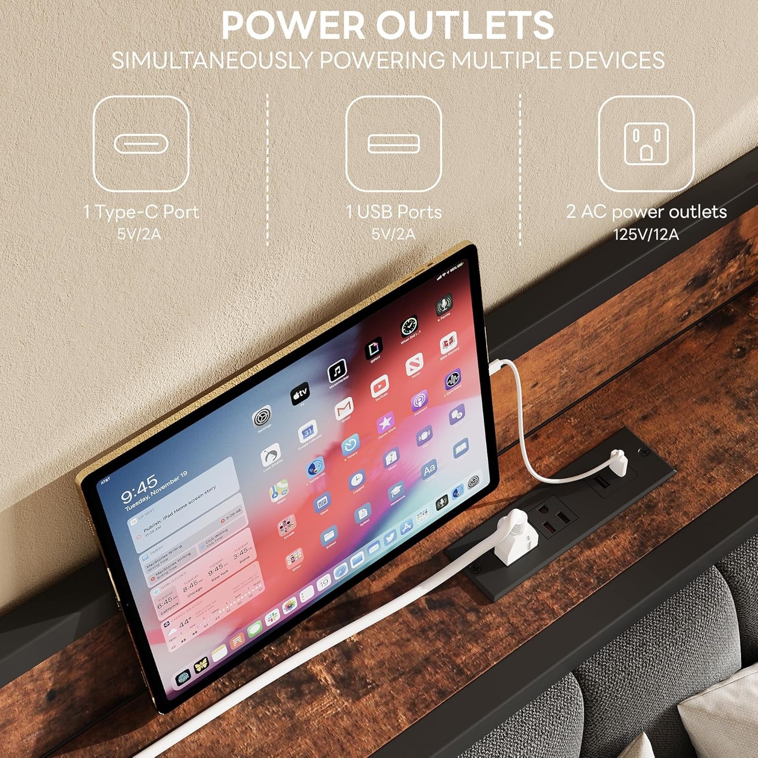 King Size Bed Frame, Storage Headboard with Charging Station, Solid and Stable, Noise Free, No Box Spring Needed, Easy Assembly