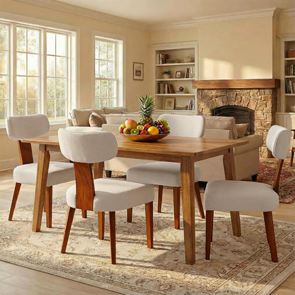 Dining Chairs Set of 4, Mid-Century Modern Upholstered Kitchen Chairs with Curved Backrest and Linen Fabric Seat, Wood Leg Accent Chairs for Dining Room, Living Room, Bedroom, Linen Beige
