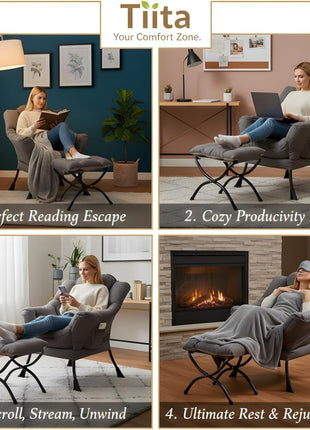 Contemporary Lounge Chair with Ottoman - Spacious Accent Chair for Leisure, Reading, and Relaxation in Dark Grey for Bedroom, Living Room, Dormitory, and Outdoor Spaces