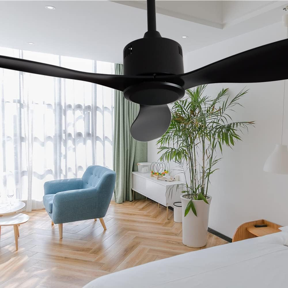52-Inch Ceiling Fan No Lights Remote Control Low Profile 3 Blades Reversible DC Motor, Black