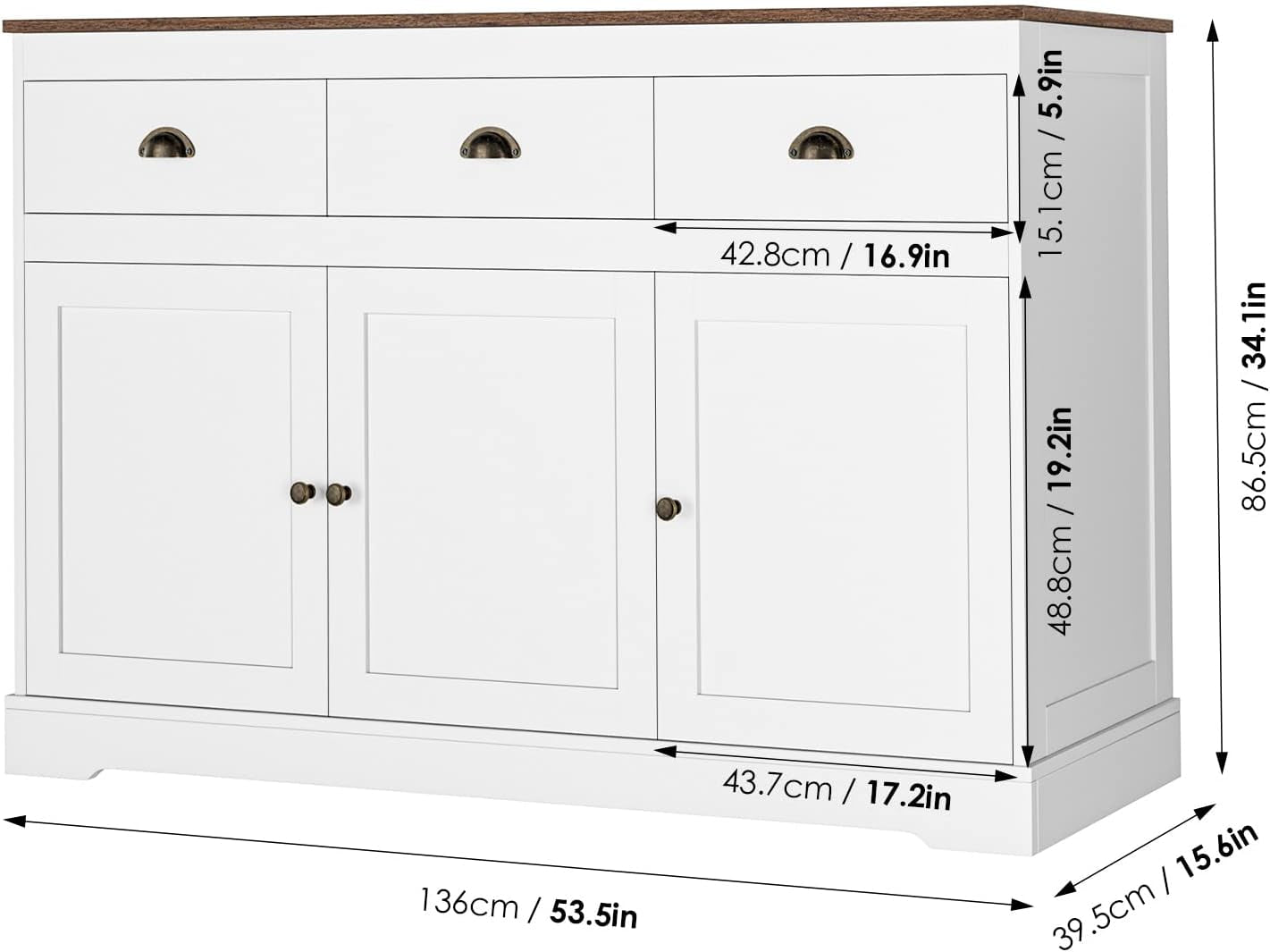 White Buffet Cabinet Storage Sideboard Farmhouse Server Bar Wine Cabinet with 3 Drawers & 3 Doors Adjustable Shelves Console Table for Dining Living Room Kitchen Cupboard