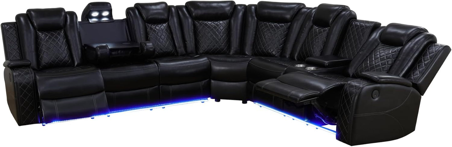 Power Recliner Sectional Sofa Set for Living Room Furniture Sets,Leather Reclining Sofa Set with LED Lights/Hidden Storage,L- Shaped Couch for Living Room/Home Theater(Black,Sectional)