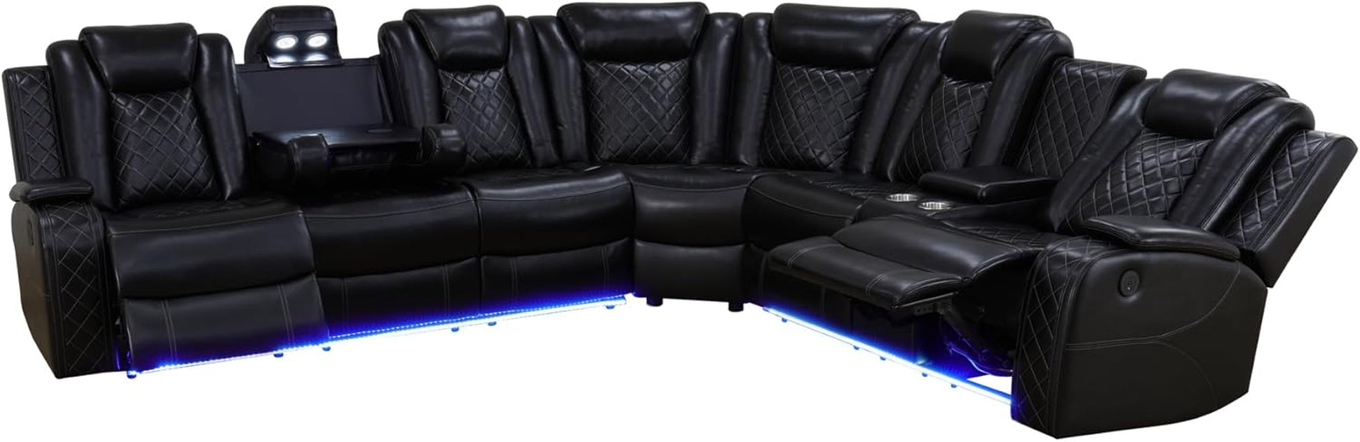 Power Recliner Sectional Sofa Set for Living Room Furniture Sets,Leather Reclining Sofa Set with LED Lights/Hidden Storage,L- Shaped Couch for Living Room/Home Theater(Black,Sectional)