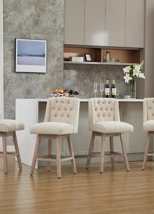 Set of 2 Contemporary 26" Swivel Bar Stools with Backrest, Linen Upholstered Counter Height Seating with Wooden Legs for Kitchen Island and Dining Area