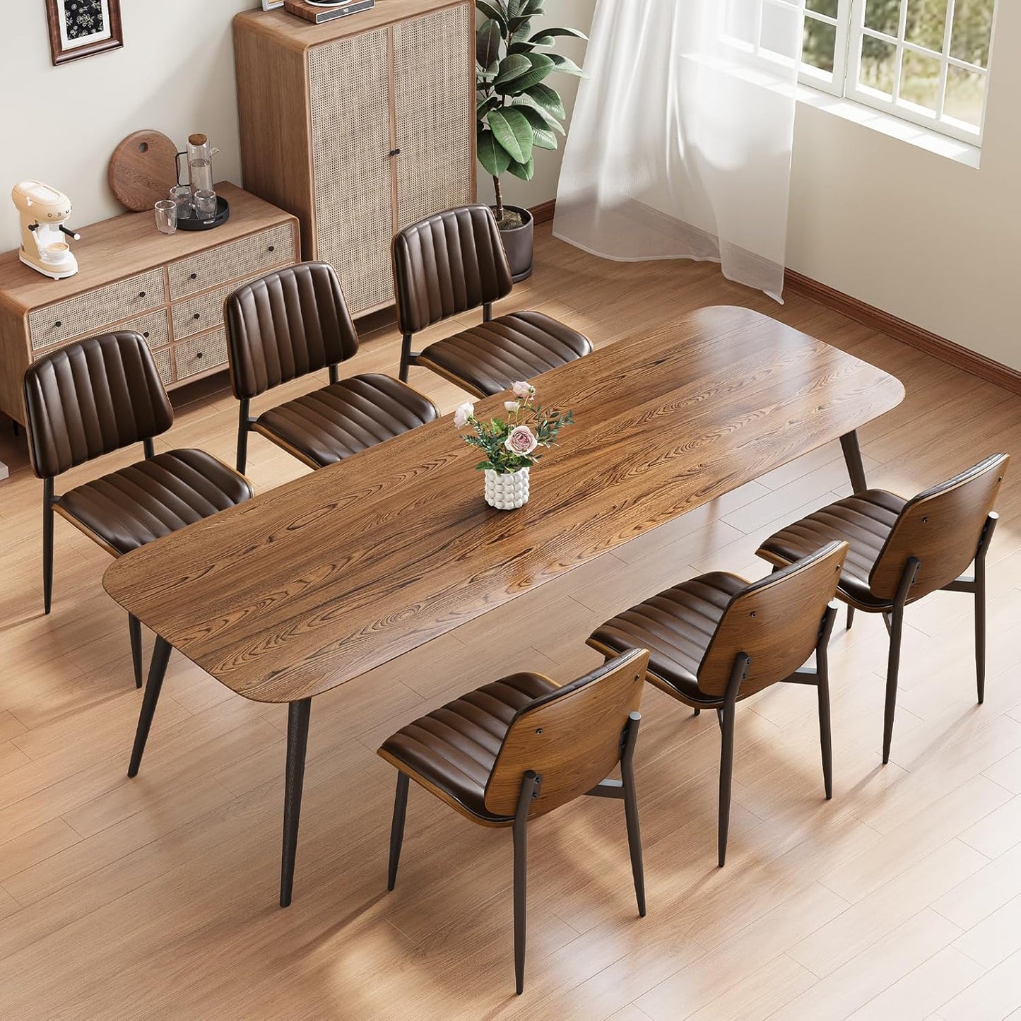 Dining Chairs Set of 4, Mid Century Modern Dining Room Kitchen Chairs, Upholstered PU Leather Vertical Stripe Chairs for Vanity with Walnut Bentwood and Metal Legs, Brown