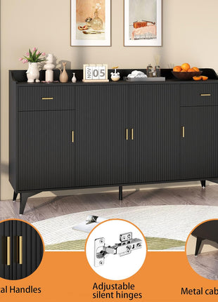 63" Black Fluted Sideboard Buffet Cabinet with Drawers and Storage for Modern Kitchens and Living Rooms