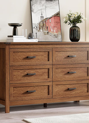 3-Piece Bedroom Furniture Set - Features 6-Drawer Dresser and Pair of Nightstands with Open Storage Shelf and Drawers, Rustic Brown Finish