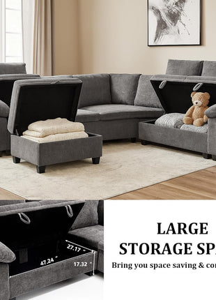 86 Inch Sectional Sleeper L Shaped Sofa with Pull Out Bed, 5 Seater Modular Sectional Sofa with Storage, Modern Chenille Cloud Couch, Sectional Couches for Living Room, Gray