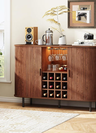 55-Inch Contemporary Wine Bar Cabinet with LED Lighting, Wine Rack, and Glass Holder - Farmhouse Buffet Sideboard for Living Room, Kitchen, and Entryway in Walnut Finish