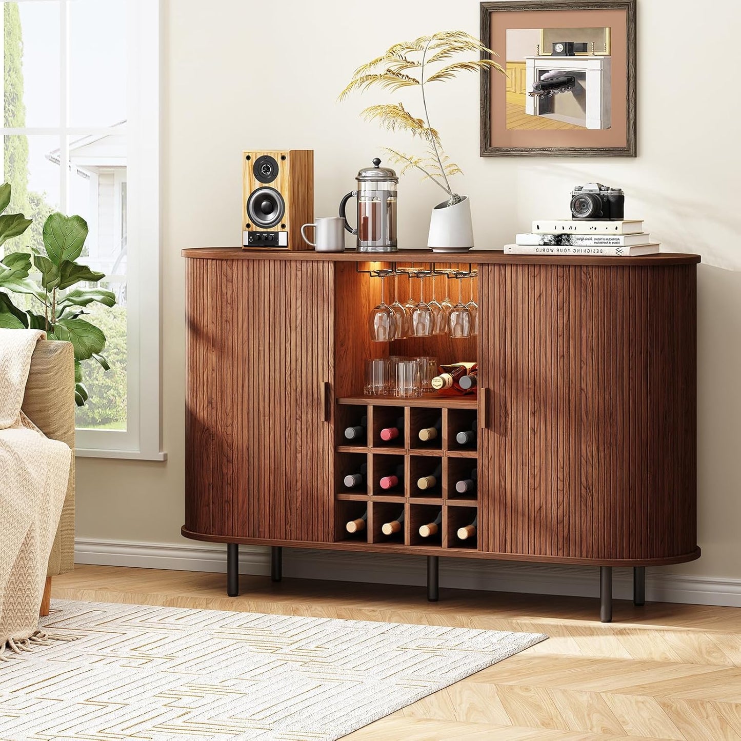 55" Wine Bar Cabinet with LED Light,Modern Liquor Whiskey Coffee Station with Wine Rack and Glass Holder, Farmhouse Buffet Sideboard with Storage for Living Room, Kitchen, Entryway (Walnut)