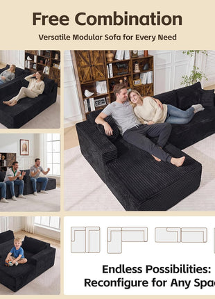 108" Modular Sectional Sofa with Oversized Chaise - L-Shaped Cloud Couch in Plush Corduroy Black, Featuring High-Density Memory Foam and a Deep Seat, No Assembly Required