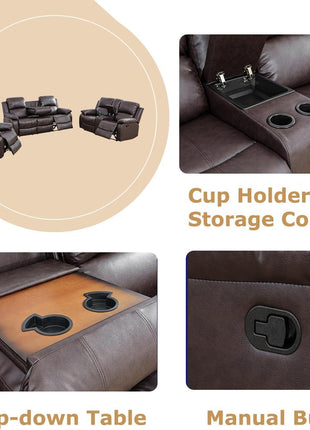 Three-Piece Manual Reclining Sofa Set with Drop-Down Table and Storage Console in Brown Leather for Living Room or Apartment