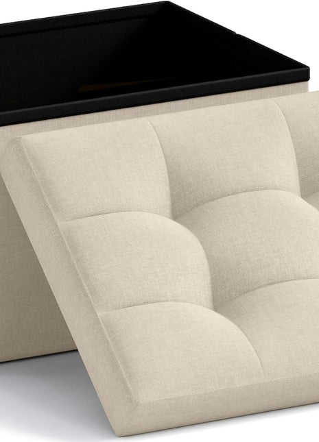 Rectangular Linen Foldable Ottoman - Compact Storage Footrest Stool for Living Room, Bedroom, Home Office, and Dorm - 12" x 16" x 12", Beige