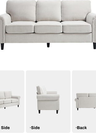 Mid-Century Modern 3-Seater Sofa with Rolled Arms and Deep Cushions, Beige, Ideal for Living Rooms and Apartments, Easy Assembly