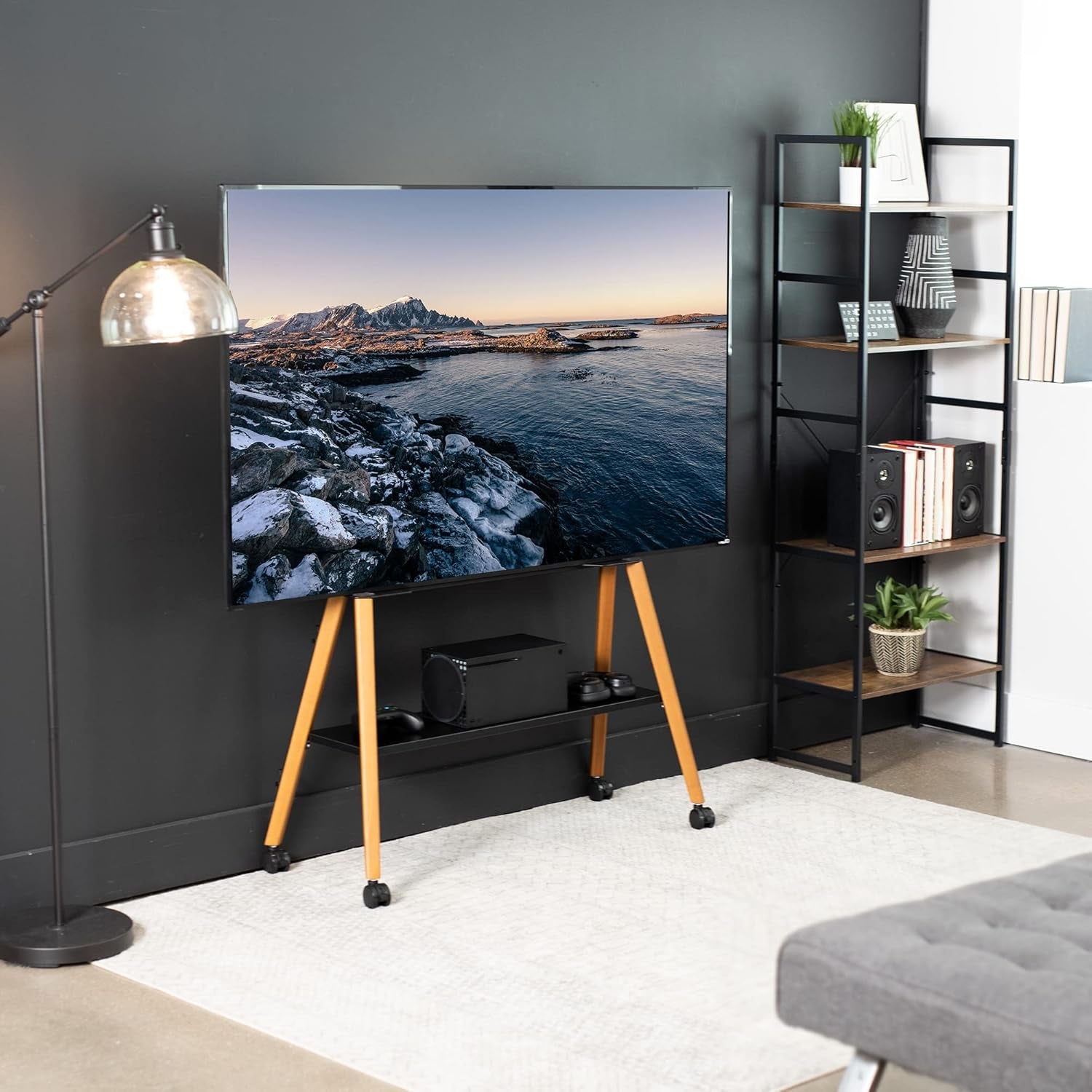 Rolling Artistic 43 to 75 Inch LED LCD Screen Mobile Studio TV Easel Stand, Wood Accessory Shelf, Adjustable TV Mount with 4 Walnut Legs, Black Frame, STAND-TV75R