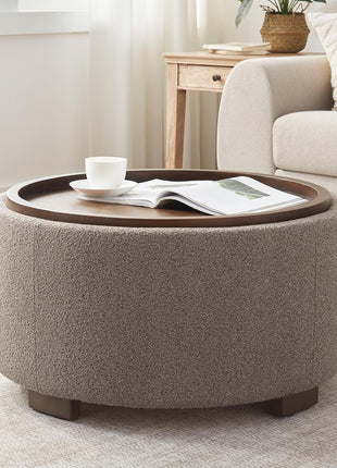 30-Inch Round Storage Ottoman Coffee Table, Modern Boucle Design with Lift-Off Lid and Solid Wood Legs for Living Room, Bedroom, and Apartment Use (Brown)