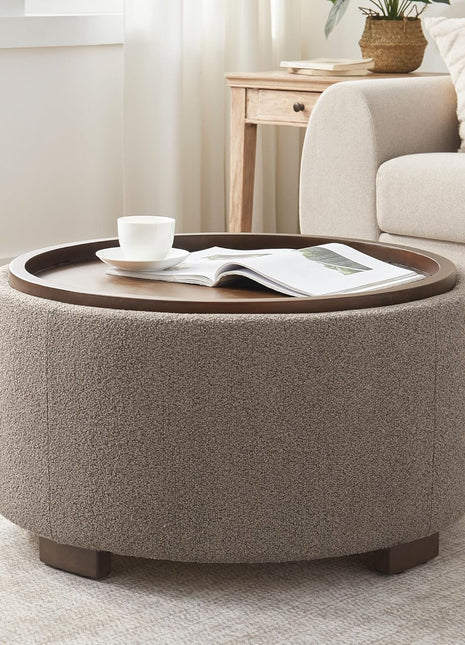 30-Inch Round Storage Ottoman Coffee Table, Modern Boucle Design with Lift-Off Lid and Solid Wood Legs for Living Room, Bedroom, and Apartment Use (Brown)