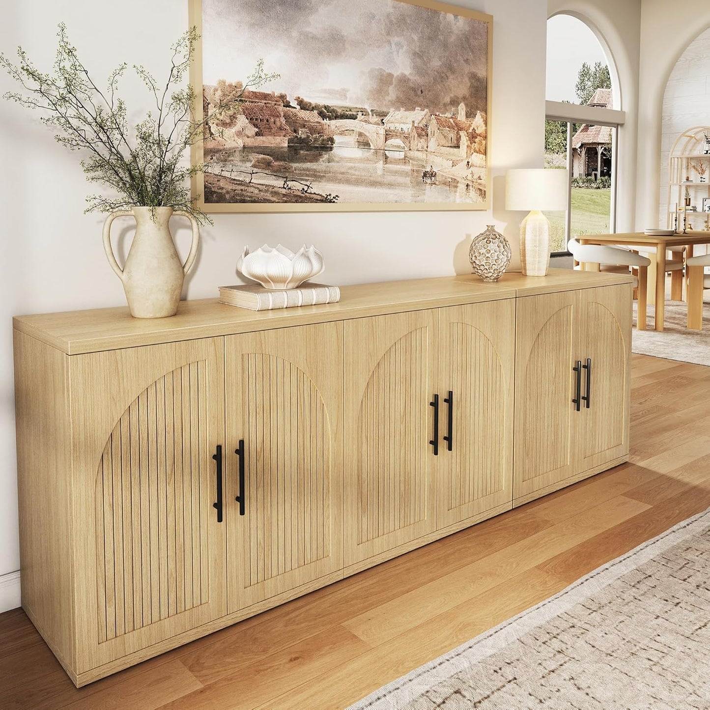 63" Fluted Buffet Cabinet with Storage, Modern Symmetrical Arched Sideboard Credenza with Adjustable Shelf, Elegant Wood Console Table for Dining Room, Kitchen, Living Room(Oak)