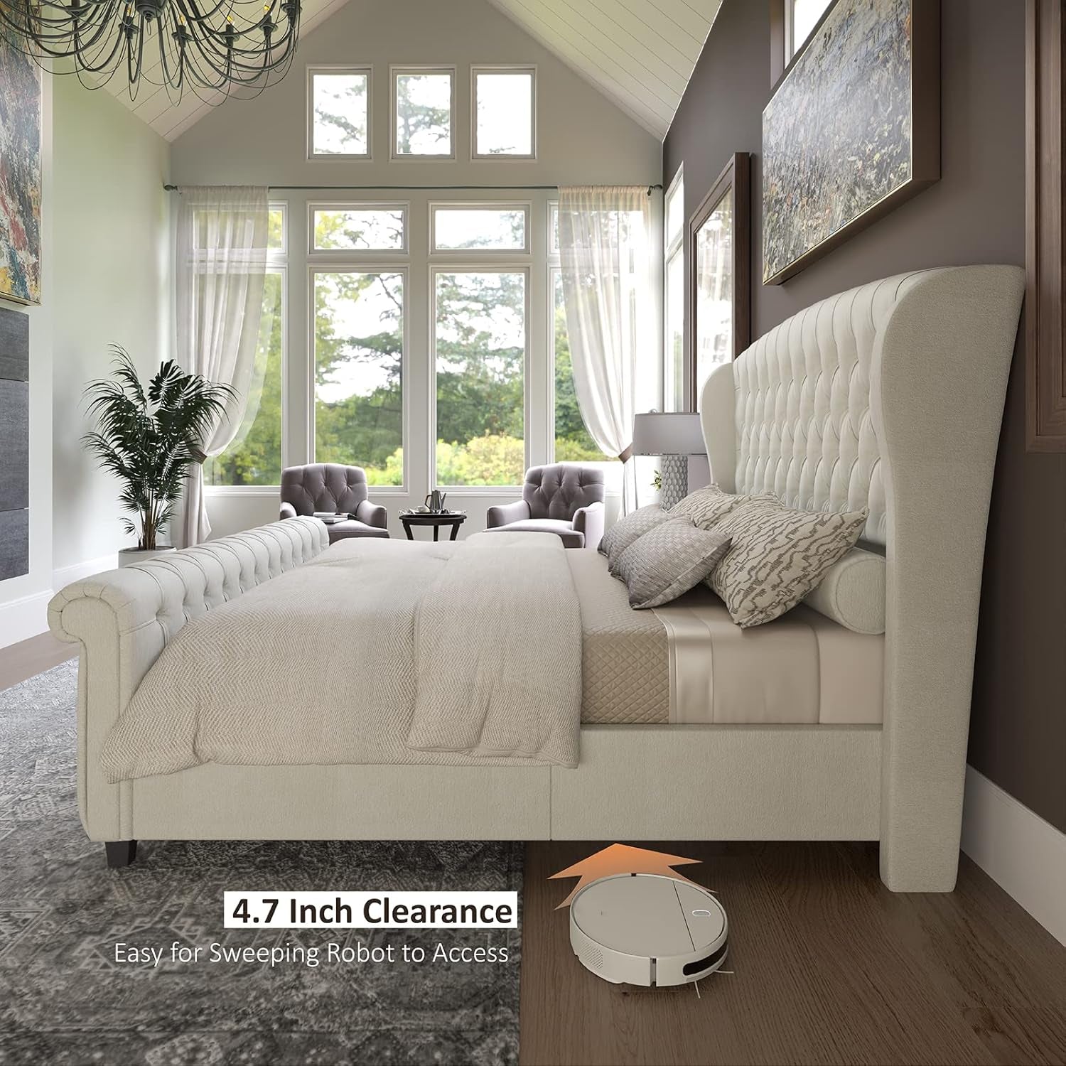 Queen Size Platform Bed Frame, Chenille Upholstered Sleigh Bed with Scroll Wingback Headboard & Footboard/Button Tufted/No Box Spring Required/Cream