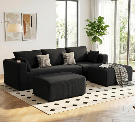 112" U Shaped Modular Sectional Sofa with 2 Ottomans, Boneless Cloud Couch with Chaise for Living Room, Modern Deep Seat Lounge Sleeper Couch Bed, No Assembly, Corduroy Black