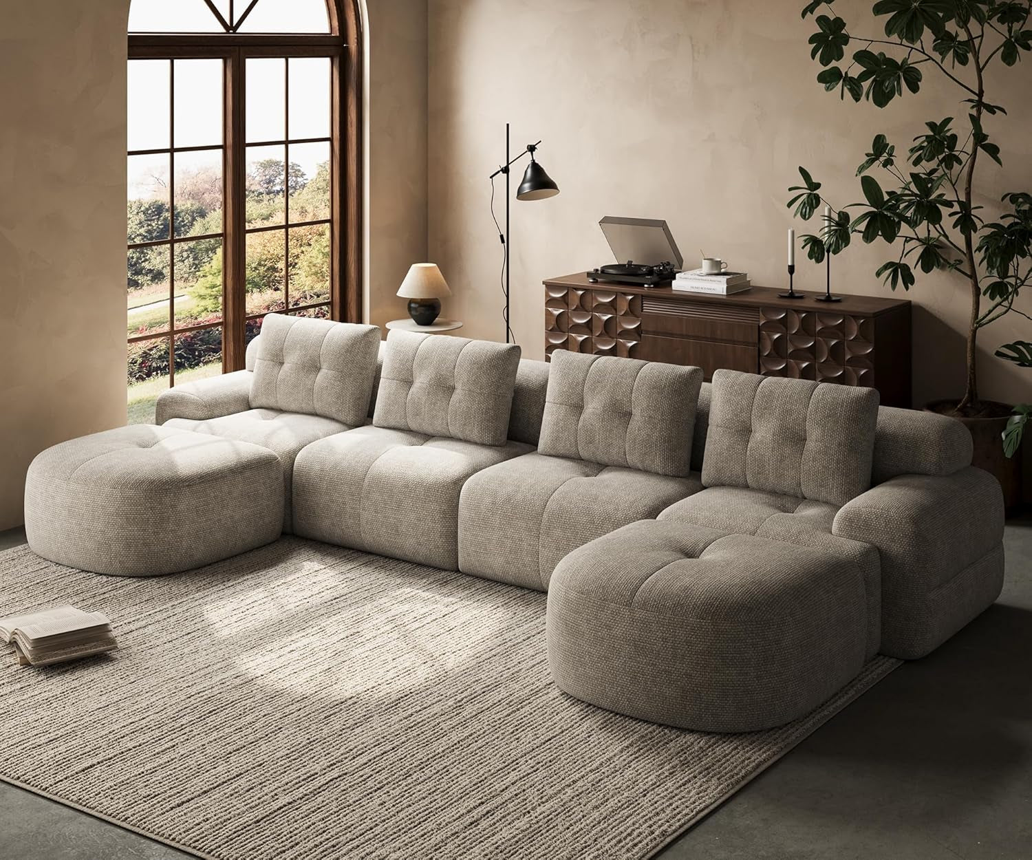 145'' U-Shaped Modular Sectional Sofa Couch, Full-Foam Structure, Compression Packaging Design, Woven Texture Upholstery, Oversized Modern Sofa for Living Room – Wheat Beige