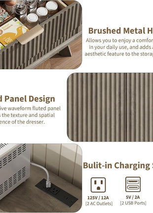 Contemporary Fluted Sideboard Buffet Cabinet with Integrated Charging Station, 47.2" Kitchen Storage Solution Featuring Drawers and Adjustable Shelves, Perfect for Dining and Living Rooms, Grey Finish