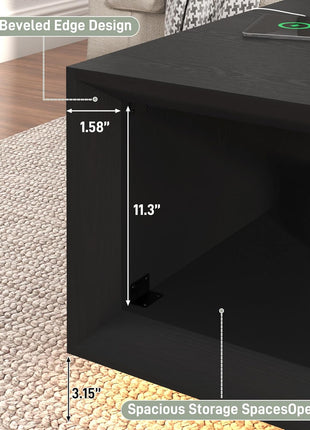 32-Inch Mid-Century Modern Square Coffee Table with Integrated LED Lighting and Power Outlet, Two-Tier Minimalist Design with Storage, Deep Beveled Edge, Black Wood Finish