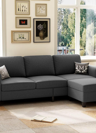 78-Inch Dark Grey Convertible L-Shaped Sectional Sofa with Storage Ottoman in Pet-Friendly Linen Fabric, Perfect for Small Spaces and Apartments